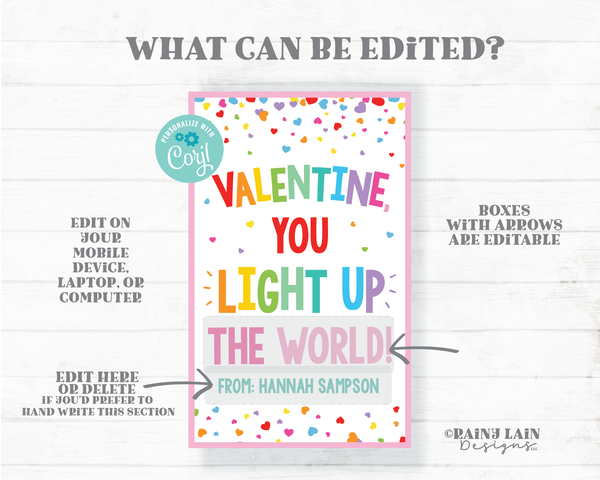 Valentine You Light Up The World Tag Class Room Glow Stick Valentine's Day Easy Preschool Classroom Student Printable Kids Non-Candy Ideas