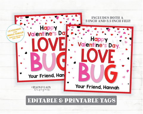 Love Bug Valentine Tag Worm Valentines Caterpillar Ladybug Friend Preschool Classroom Printable Kids Non-Candy Valentine Favor Gift Tag