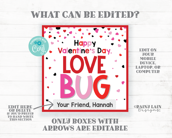 Love Bug Valentine Tag Worm Valentines Caterpillar Ladybug Friend Preschool Classroom Printable Kids Non-Candy Valentine Favor Gift Tag