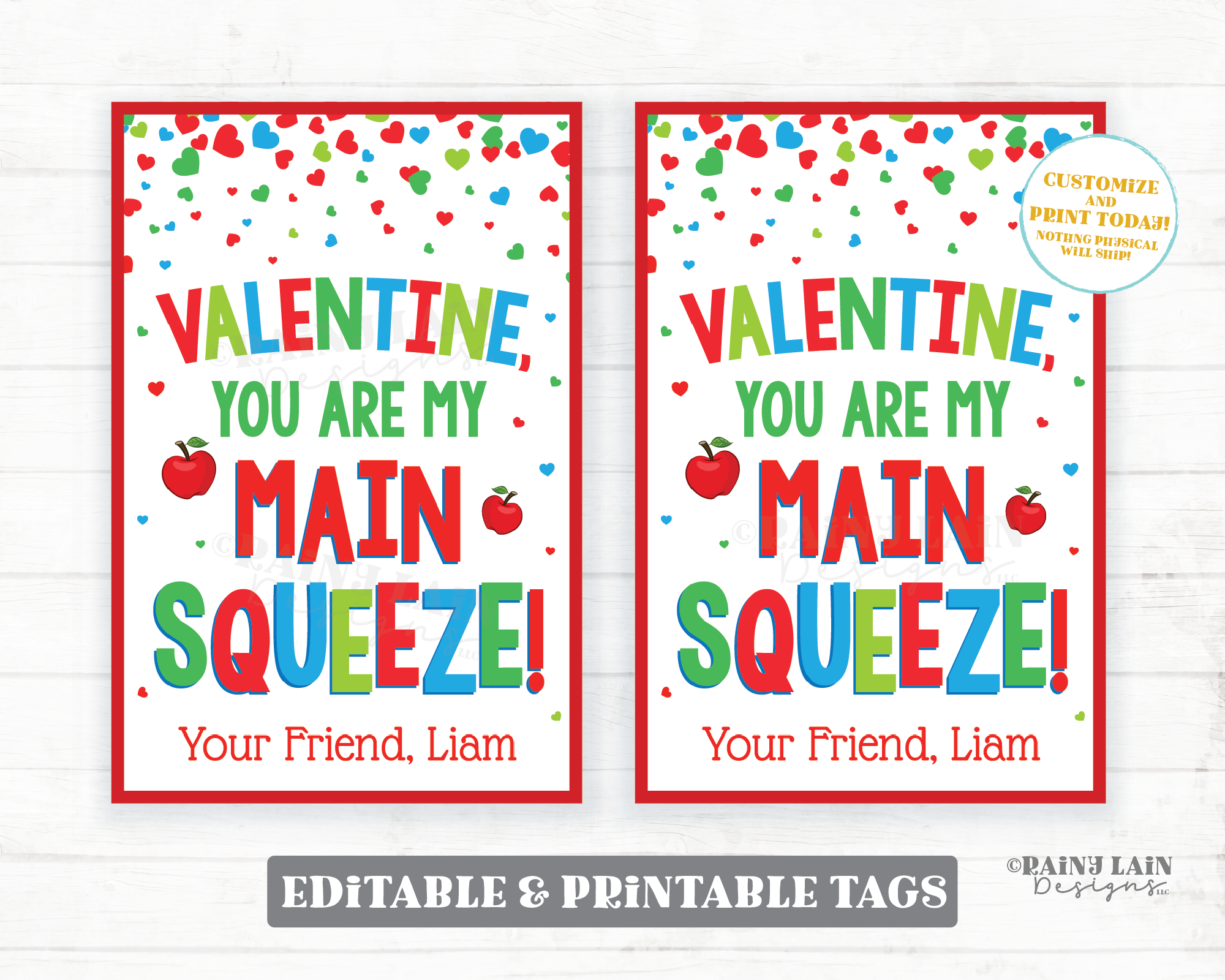 Main Squeeze Valentine Applesauce Packet Apple Sauce Pouch Preschool Classroom Printable Kids Non-Candy Valentine's Day Tag Editable