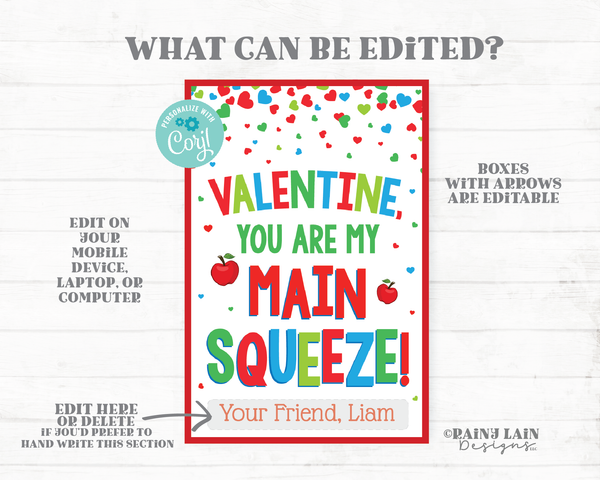 Main Squeeze Valentine Applesauce Packet Apple Sauce Pouch Preschool Classroom Printable Kids Non-Candy Valentine's Day Tag Editable