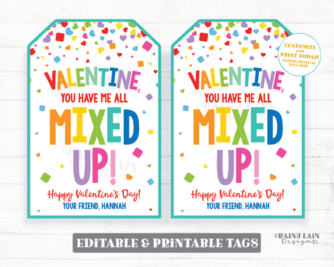 Valentine You Have Me All Mixed Up Tag Mini Cube Game Mixing Valentine's Day Gift Preschool Classroom Printable Kids Non-Candy Valentine Tag