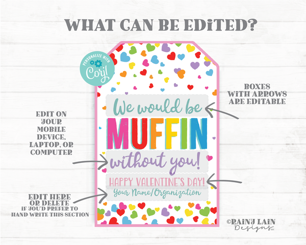 Muffin Valentine Tag Muffin Without You Valentine's Day Gift Printable Appreciation Co-Worker Staff Preschool Classroom Non-Candy Teacher