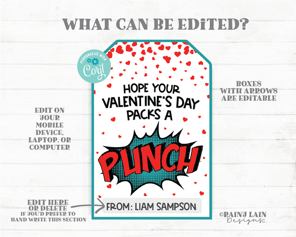 Packs a Punch Valentine Tag Punch Balloon Juice Fruit Punch Comic Superhero Preschool Classroom Printable Kids Easy Non-Candy Valentine