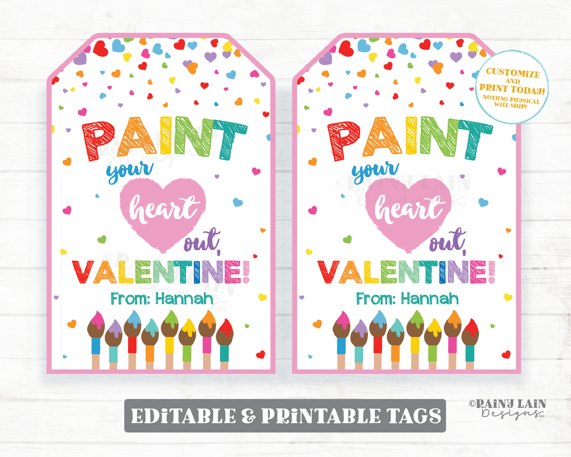 Paint Your Heart Out Valentine Tag Paint Brush Valentine's Day Gift Painting Palette Preschool Classroom Non-Candy Printable Editable Art