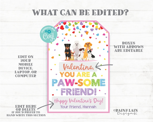Pawsome Friend Valentine Paw-some Valentine's Day Tag Puppy Dog Preschool Classroom Printable Kids Non-Candy Editable Valentine Tag