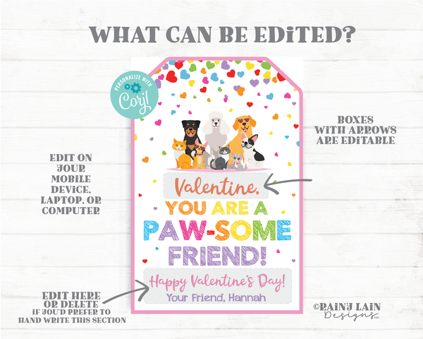 Pawsome Friend Valentine Paw-some Valentine's Day Tag Cats Kitten Puppy Dog Preschool Classroom Printable Kids Non-Candy Editable Valentine