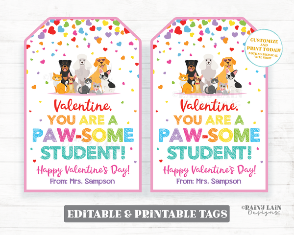 Pawsome Student Valentine Paw-some Valentine's Day Tag Cats Kitten Puppy Dog Preschool Classroom Printable Non-Candy Editable From Teacher