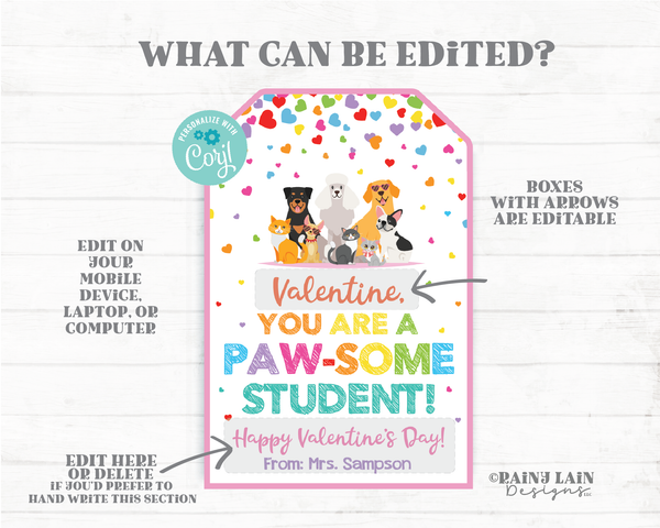 Pawsome Student Valentine Paw-some Valentine's Day Tag Cats Kitten Puppy Dog Preschool Classroom Printable Non-Candy Editable From Teacher