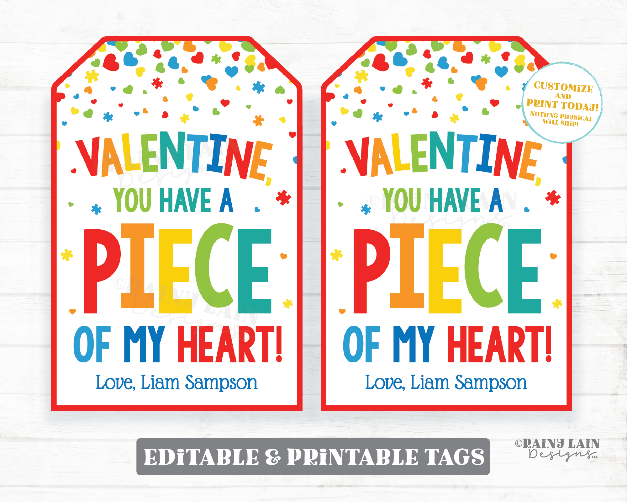 Valentine You Have a Piece of My Heart Tag Puzzle To Student from Teacher Printable Preschool Non-Candy Classroom Editable Valentine's Day