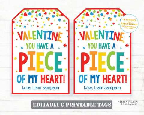 Valentine You Have a Piece of My Heart Tag Puzzle To Student from Teacher Printable Preschool Non-Candy Classroom Editable Valentine's Day