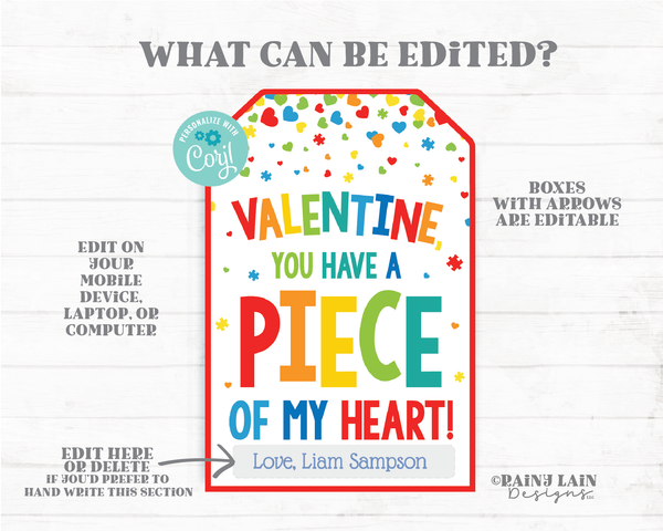 Valentine You Have a Piece of My Heart Tag Puzzle To Student from Teacher Printable Preschool Non-Candy Classroom Editable Valentine's Day
