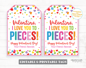 Valentine I love you to Pieces Tag Puzzle Candy Building Blocks Friend Printable Preschool Non-Candy Classroom Editable Valentine's Day Tag