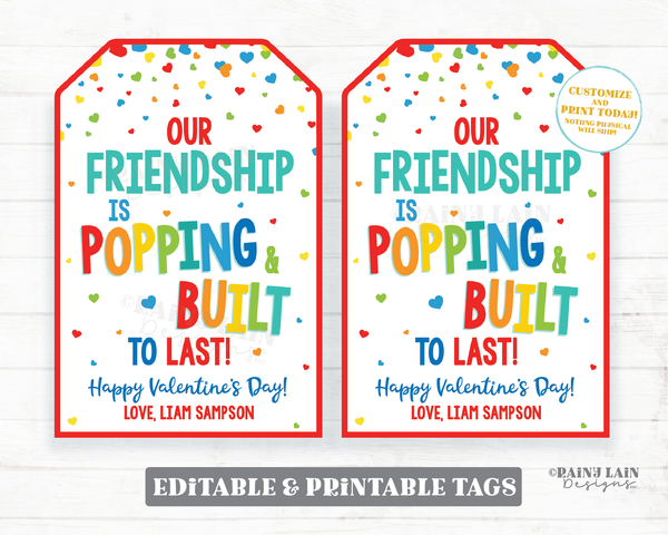 Popping and Built to Last Valentine Tag Pop Fidget Toy Popcorn Building Block Friend Preschool Classroom Printable Kids Editable Non-Candy