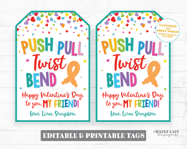 Pop Tube Valentine Tag Push Pull Twist Bend Valentine's Day Friend Gift Tag Fidget Toy Preschool Classroom Printable Kids Editable Non-Candy
