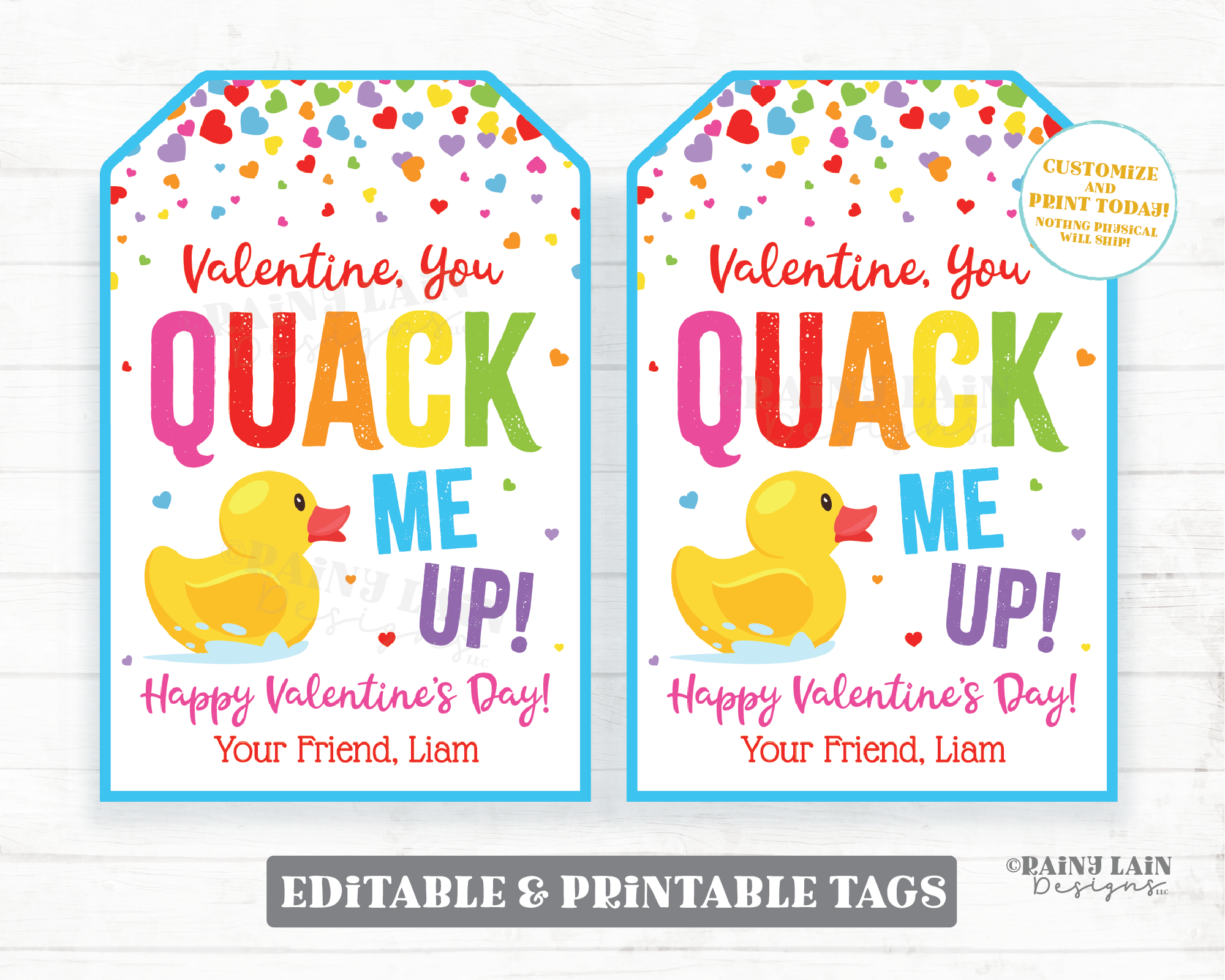 You Quack Me Up Valentine Tag Rubber Duck Valentine's Day Gift Tag Ducky Duckie Printable Preschool Classroom Kids Non-Candy Editable