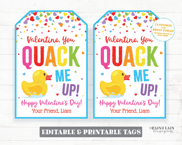 You Quack Me Up Valentine Tag Rubber Duck Valentine's Day Gift Tag Ducky Duckie Printable Preschool Classroom Kids Non-Candy Editable