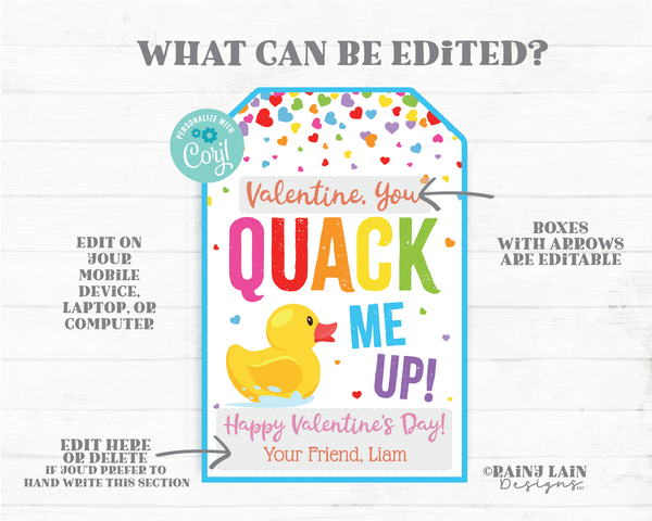 You Quack Me Up Valentine Tag Rubber Duck Valentine's Day Gift Tag Ducky Duckie Printable Preschool Classroom Kids Non-Candy Editable