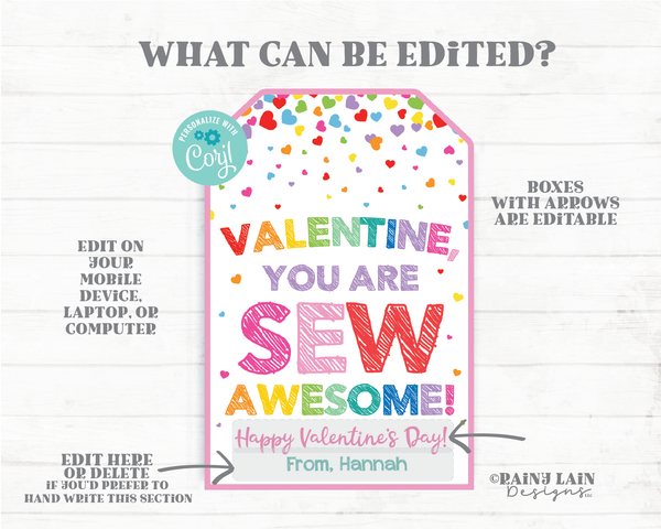 Valentine You are SEW Awesome Valentine's Day Tag Handmade Gift Friend Teacher Co-Worker Preschool Classroom Non-Candy Editable Printable