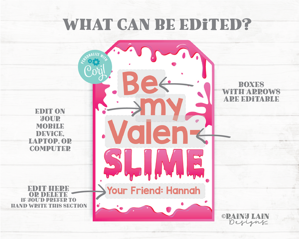 Be my Valen-Slime Slime Valentine Tag Girl Slime Valen-Slimes Day Preschool Valentines Classroom Printable Kids Non-Candy Valentine Tags