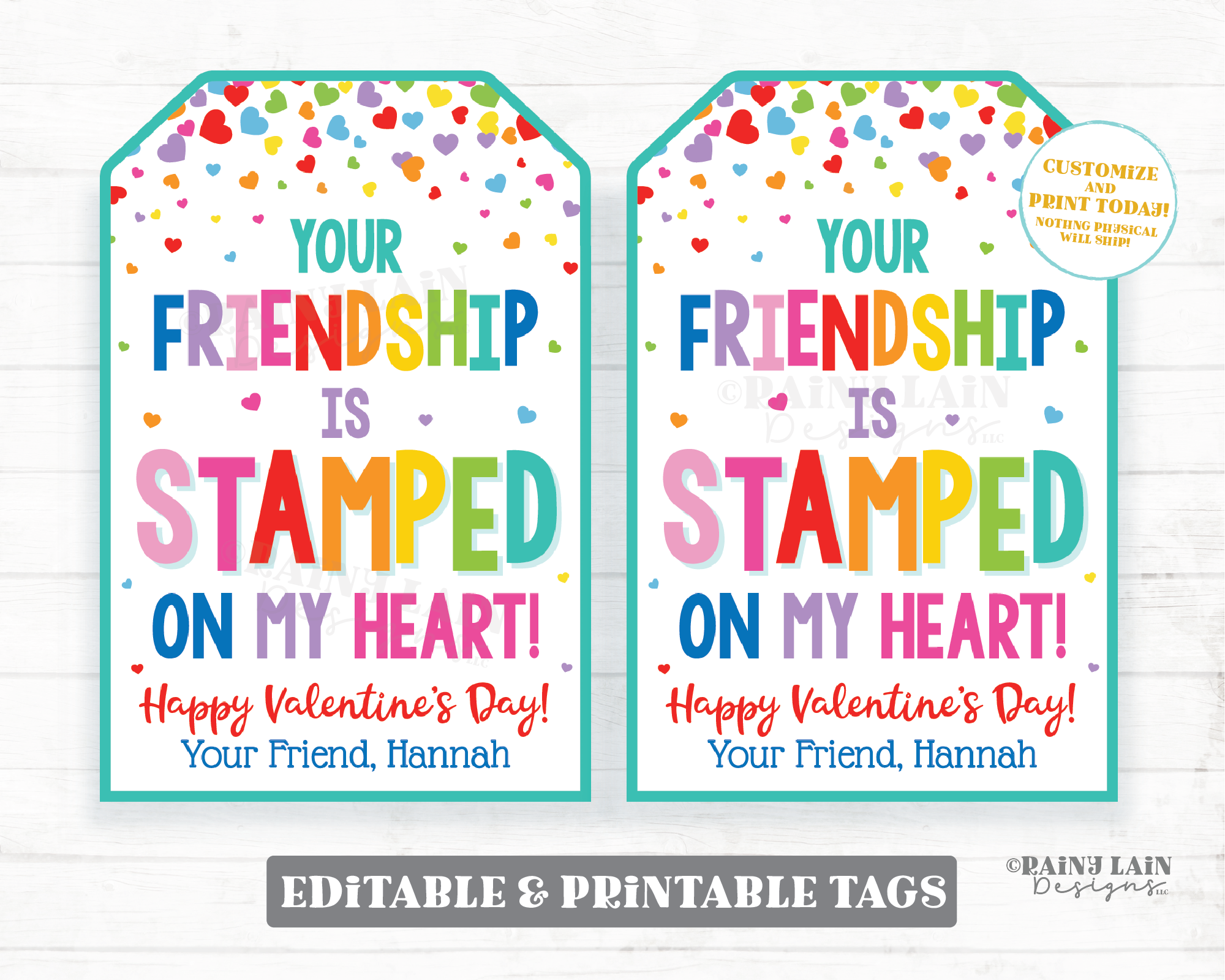 Your Friendship is Stamped on my Heart Valentine Tag Stamp Valentine's Day Gift Tag Printable Preschool Non-Candy Classroom Editable