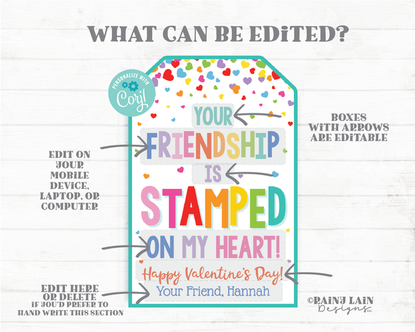 Your Friendship is Stamped on my Heart Valentine Tag Stamp Valentine's Day Gift Tag Printable Preschool Non-Candy Classroom Editable