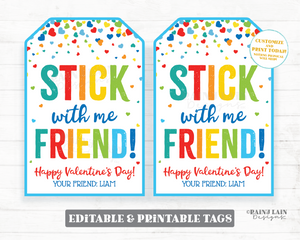 Stick with me Friend Valentine's Day tag Sticky Hand Tattoo Stickers Valentine Preschool Classroom Printable Kids Non-Candy Valentine Tag