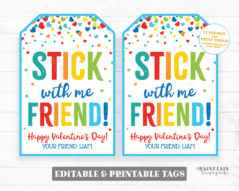 Stick with me Friend Valentine's Day tag Sticky Hand Tattoo Stickers Valentine Preschool Classroom Printable Kids Non-Candy Valentine Tag