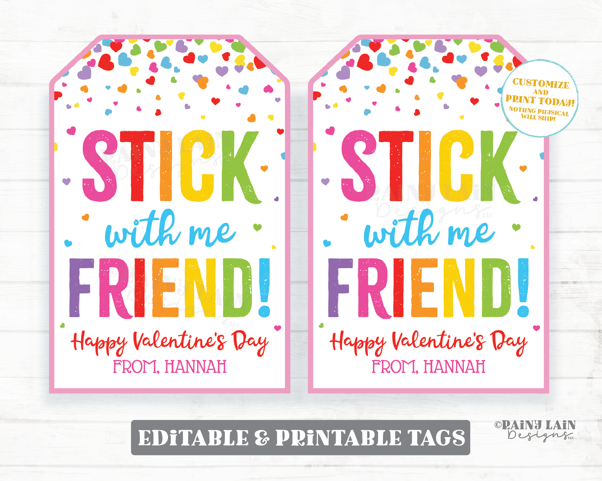 Stick with me Friend Valentine tag Stickers Valentine's Day Sticky Hand Tattoo Preschool Classroom Printable Kids Non-Candy Valentine Tag