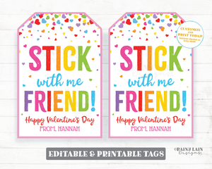 Stick with me Friend Valentine tag Stickers Valentine's Day Sticky Hand Tattoo Preschool Classroom Printable Kids Non-Candy Valentine Tag