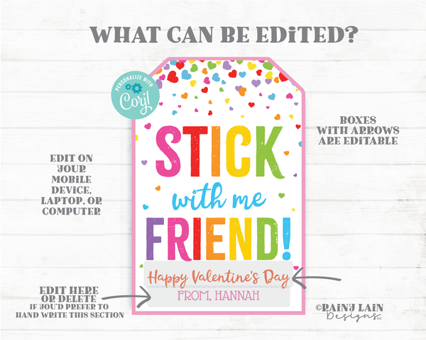 Stick with me Friend Valentine tag Stickers Valentine's Day Sticky Hand Tattoo Preschool Classroom Printable Kids Non-Candy Valentine Tag