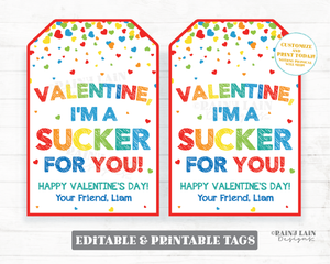 Valentine I'm a Sucker for You Valentine Sucker Valentine Lollipop Valentine Tags Preschool Classroom Printable Kids Candy Valentine Tag