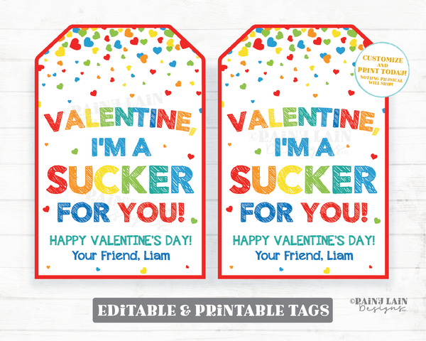 Valentine I'm a Sucker for You Valentine Sucker Valentine Lollipop Valentine Tags Preschool Classroom Printable Kids Candy Valentine Tag