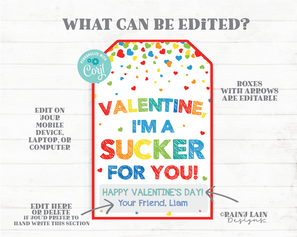 Valentine I'm a Sucker for You Valentine Sucker Valentine Lollipop Valentine Tags Preschool Classroom Printable Kids Candy Valentine Tag