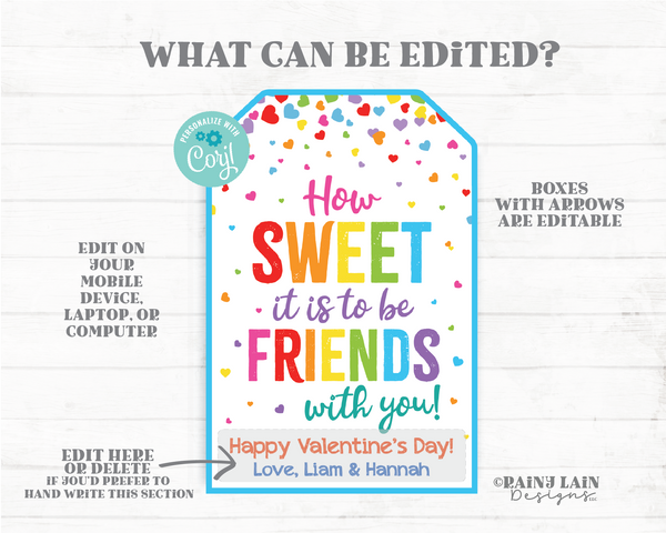 How sweet it is to be friends with you Valentine Sweet Treat Candy Preschool Valentines Classroom Printable Kids Non-Candy Valentine Tag