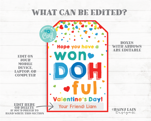 WonDOHful Valentine's Day Tag Play dough Valentine Playdough Editable Preschool Classroom Daycare Printable Kids Non-Candy Valentine Tags