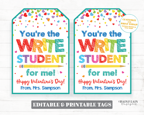 Pencil Valentine Tags Write Student for me Write Valentine From Teacher to Student Preschool Classroom, Printable Kids Non-Candy Editable