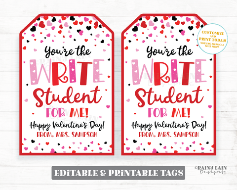 Write Student for me Pencil Pen Marker Valentine Tags Friend Classmate From Teacher Editable Preschool Classroom Printable Kids Non-Candy