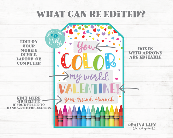 You Color My World Valentine Coloring Book Crayons To Student Preschool Classroom Editable Printable Kids Non-Candy Valentine's Day Tag