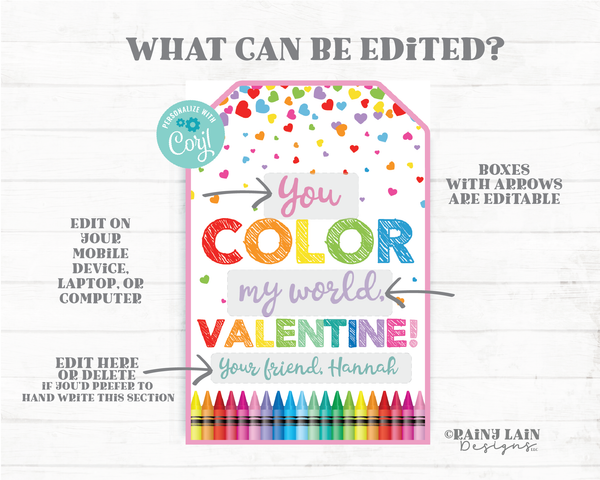 You Color My World Valentine Coloring Book Crayons Preschool Classroom Printable Student Kids Non-Candy Editable Valentine Tag