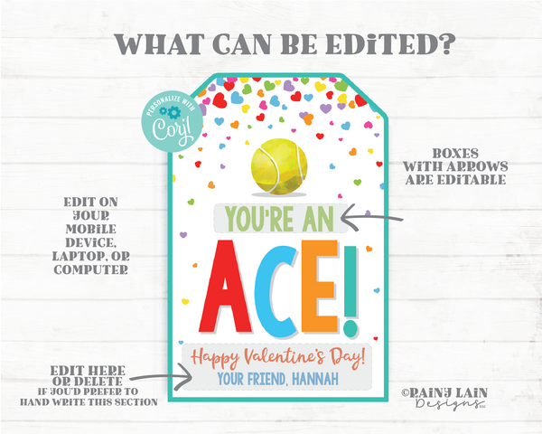 You're an Ace Valentine Tag Tennis Valentine's Day Tag Editable Teammate Gift Sports Classroom Non-Candy Printable