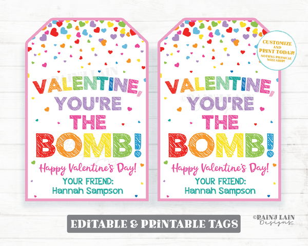 You are the Bomb Valentine, You're the Bomb Tag, Bath Bomb Valentine, Preschool Valentines Classroom Printable Kids Non-Candy Valentine Tag