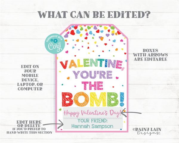 You are the Bomb Valentine, You're the Bomb Tag, Bath Bomb Valentine, Preschool Valentines Classroom Printable Kids Non-Candy Valentine Tag