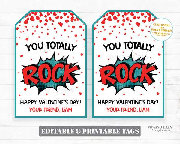 You Totally Rock Valentine You Rock Painting Valentine's Day Tag Rocks Candy Pop Preschool Classroom Printable Kids Non-Candy Valentine Tags