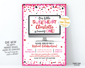 Valentine's Day First Birthday Invitation Our Little Sweetheart is Turning One Sweetheart invitation Valentine Birthday Confetti Hearts