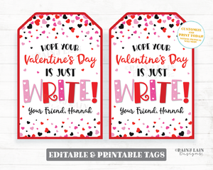 Valentine's Day Just Write Valentine Tag From teacher to Student Pencil Pen Marker Classmate Editable Preschool Classroom Printable NonCandy