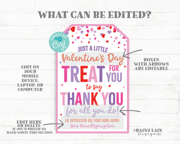 Valentine's Day Treat Tag Valentine Appreciation Gift Tags Favor Kids Co-Worker Employee Company Essential Staff Teacher Thank you Sweets