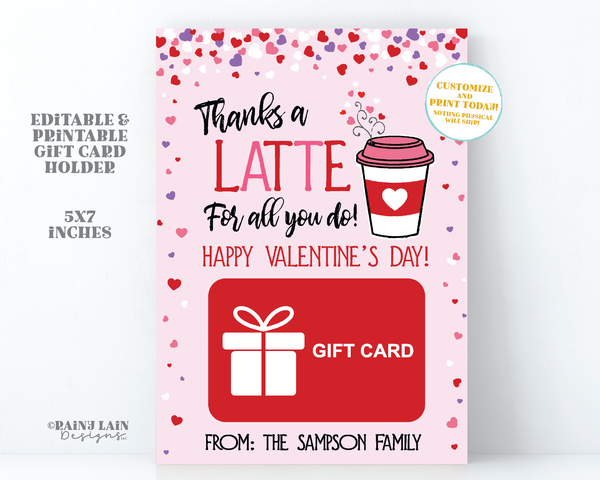 Coffee Valentine's Day Gift Card Holder Thanks a Latte Printable Giftcard Holder Co-Worker Teacher Bus Driver Friend Nanny Daycare Pink