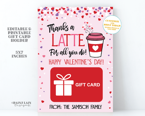 Coffee Valentine's Day Gift Card Holder Thanks a Latte Printable Giftcard Holder Co-Worker Teacher Bus Driver Friend Nanny Daycare Pink