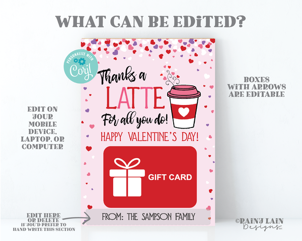 Coffee Valentine's Day Gift Card Holder Thanks a Latte Printable Giftcard Holder Co-Worker Teacher Bus Driver Friend Nanny Daycare Pink